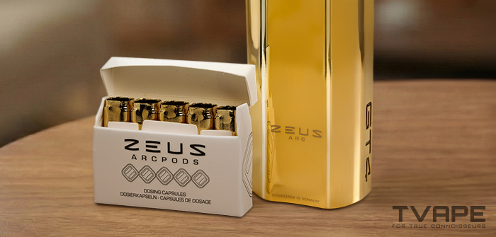 Der Zeus Arc GT4 Vaporizer wird zusammen mit den Konzentratpods gezeigt.