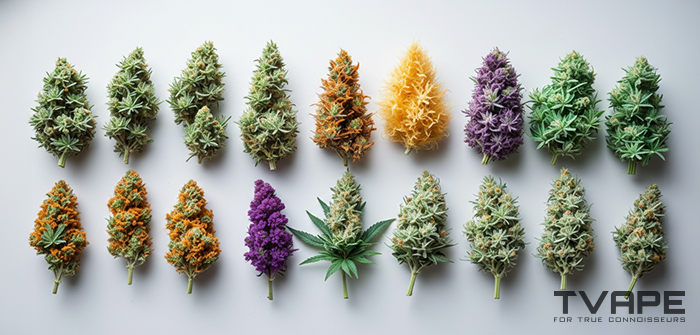 Verschiedene Cannabissorten nebeneinander gezeigt