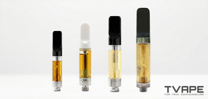 Vergleich verschiedener 510-Gewinde-Vape-Kartuschen in verschiedenen Größen und Designs, darunter mit Öl gefüllte Cannabis-Kartuschen für 510-Gewinde-Akkus.