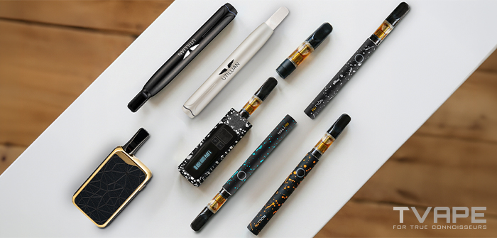 Eine Auswahl an 510-Gewinde-Akkus und Cannabis-Kartuschen, mit Modellen im Stiftformat und kompakten Modellen, die die verschiedenen Hardware-Optionen zum Verdampfen von Konzentraten zeigen.