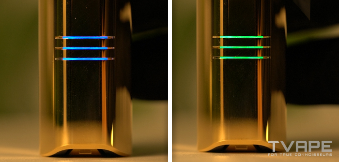 Ein Nahaufnahmefoto vom Zeus Arc GT4 Vaporizer mit den LED-Anzeigen, die die Temperatureinstellungen zeigen.