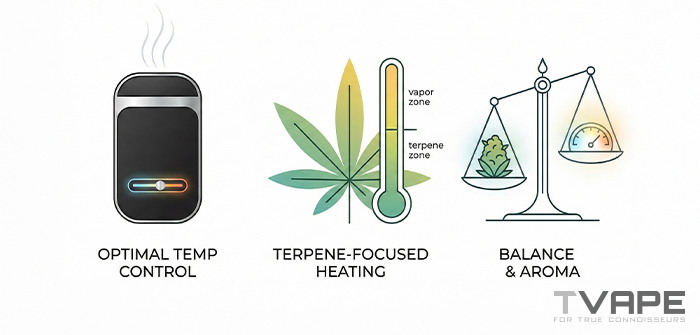 Infografik, die drei wichtige Funktionen des Verdampfers zeigt: Optimale Temperaturregelung, terpenorientierte Erwärmung mit einem Thermometer, das die Bereiche Terpen und Dampf anzeigt, sowie Balance und Aroma
