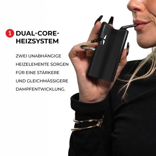 Eine Frau mit dem Utillian 850 Vaporizer mit Dual-Core-Heizsystem – zwei unabhängige Heizelemente für eine stärkere und gleichmäßigere Dampfentwicklung