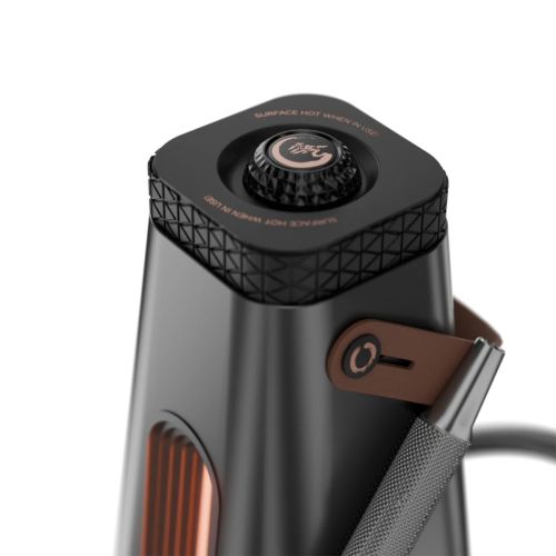 Nahaufnahme der Heizkammer und des Bedienelements des AirVape Enso Tisch-Vaporizers.