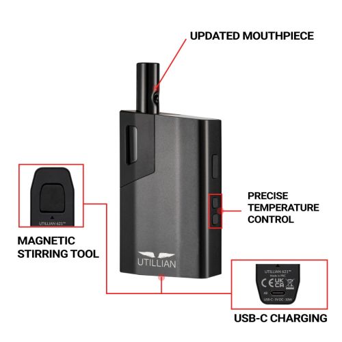 Utillian 621 mit Mundstück, Temperaturregelungstasten, magnetischem Rührwerkzeug und USB-C-Ladeanschluss