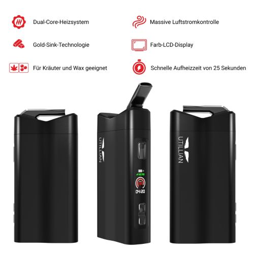 Der Utillian 850 Kräuter-Vaporizer, gezeigt von vorne, von der Seite und von hinten, mit den Hauptfeatures: Dual-Core-Heizsystem, Gold-Sink-Technologie, Farb-LCD-Display, 2-in-1-Kompatibilität, starker Luftstromregler und 25-Sekunden-Aufheizzeit