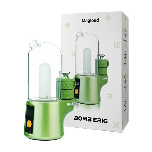 Limettengrünes BOMB Magloud E Rig mit Verpackungsbox, das ein tragbares Dab Rig für die Konzentratverdampfung enthält und sich ideal für Dabbing-Sessions unterwegs eignet.