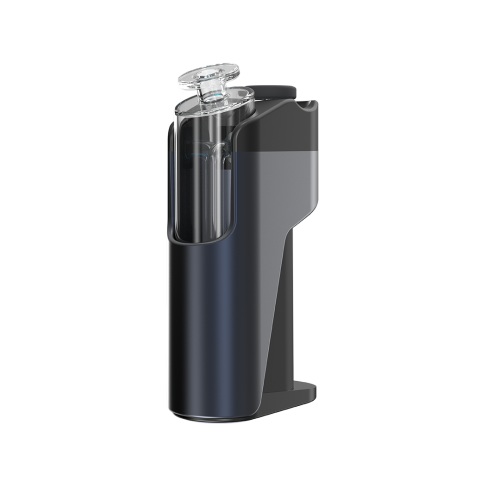 Seiten- und Rückansicht des tragbaren Dr. Dabber Switch Go E-Rigs, die den integrierten Glas-Bubbler zur Wasserfiltration zeigt, der sicher im Gehäuse aus eloxiertem Aluminium sitzt.