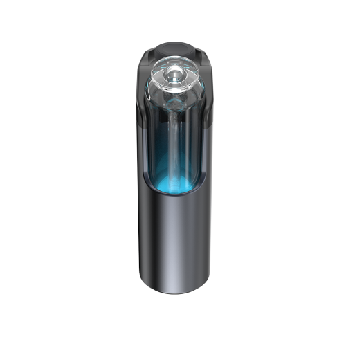 Dr. Dabber Switch Go Induktions-E-Rig mit integriertem Glaseinsatz, der durch eine blaue LED-Temperaturanzeige leuchtet.