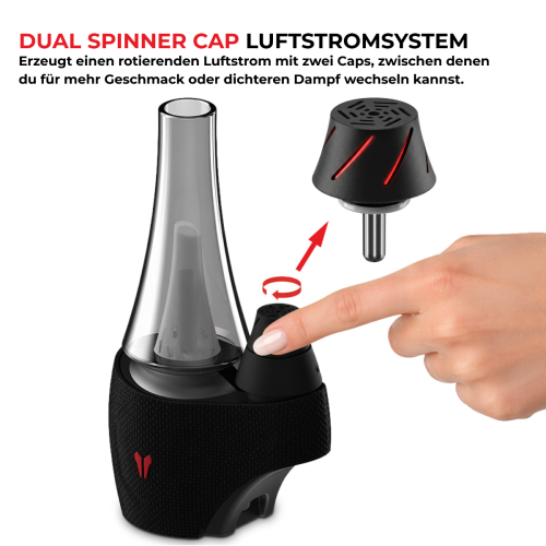Demonstration des Utillian 8 Turbo Dual-Spinner-Cap-Luftstromsystems, bei der gezeigt wird, wie man die Carb Cap von Hand einstellt, um das Dampferlebnis individuell anzupassen