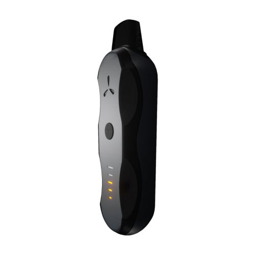 Seitenansicht des aufrecht stehenden AirVape XS Go mit ergonomisch gebogenem Gehäuse.