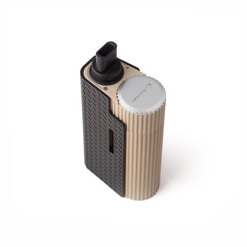 Der Limelight Frolic Vaporizer steht aufrecht und zeigt sein elegantes, ergonomisches Design und seine hochwertige, strukturierte Oberfläche.