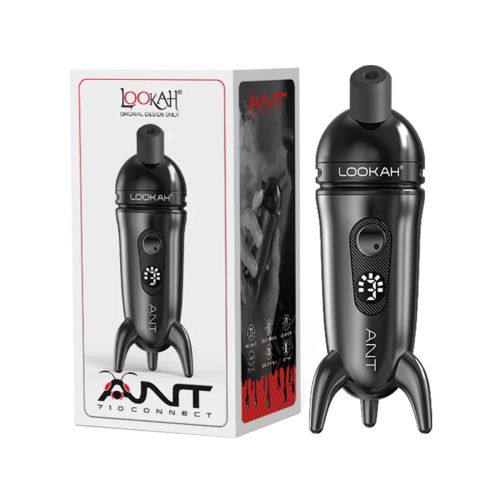 Schwarzer Vaporizer Lookah Ant Dab Pen mit seinem einzigartigen ameisenähnlichen Design und drei Beinen, abgebildet neben seiner Verpackung.