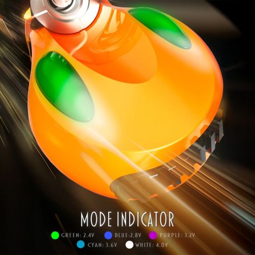 Futuristische orange Lookah FF1 510 Gewinde Batterie mit grünen Modusanzeigen, dynamischer Lichtstreifen-Hintergrund, variable Spannungseinstellungen.