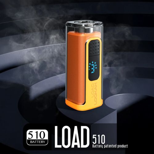 Lookah Load 510 Gewindebatterie in Orange, transparente Oberseite, die die internen Komponenten zeigt, beleuchteter blauer LED-Bildschirm, der den Ladezustand anzeigt, ergonomisches Design ideal für tragbares Cannabisdampfen.