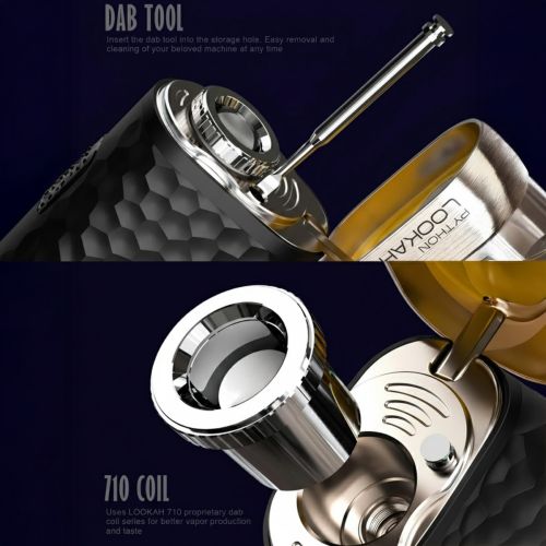 Nahaufnahme des Lookah Python Dab Pens, mit Dab Tool, das in das Lagerloch eingesetzt wurde für einfache Entfernung und Reinigung, verwendet proprietäre 710-Coils für verbesserte Dampfproduktion und Geschmack.