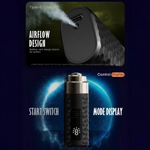 Infografik des Lookah Python Konzentratvaporizers, die Type-C-Laden, unteres Luftstrom-Design für sanfte Züge, Start-Schalter und Modus-Anzeige hervorhebt, Dab Pen mit 710-Spulen und benutzerorientiertem Design für eine gute Cannabis-Dampferlebnis