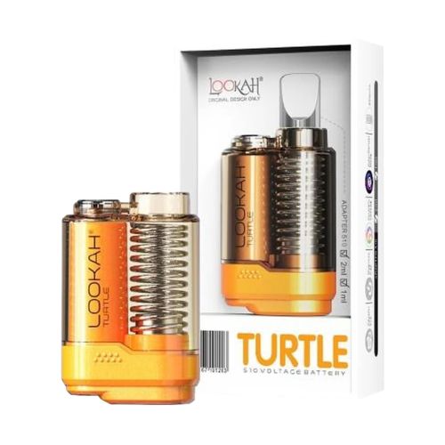 Lookah Turtle 510 Akku neben seiner Verpackung, mit kompaktem, schildkröten-inspiriertem Design in transparentem Orange und magnetischer Kartuschenschutzabdeckung