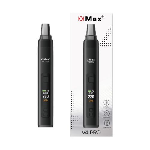 Der tragbare Vaporizer XMax v4 Pro wird zusammen mit seiner Verpackung gezeigt.