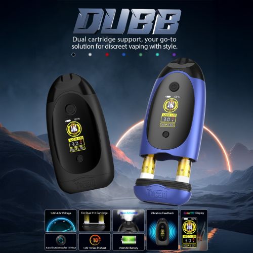 Yocan Dubb Doppelkartuschen-Vape in Schwarz und Blau mit TFT-Display. Er gibt die präzise Spannungseinstellung von 1,8 V bis 4,2 V, automatischer Abschalt, 10-Sekunden-Vorheizen, 750-mAh-Batterie, haptisches Feedback und Unterstützung für Doppelkartuschen