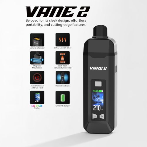 Der Yocan Vane 2 Vaporizer mit seinen Features, wie einem 3-Minuten-Sessiontimer, einer Temperaturregelung von 200 bis 480 °F, einem 1200-mAh-Akku und haptischem Feedback.