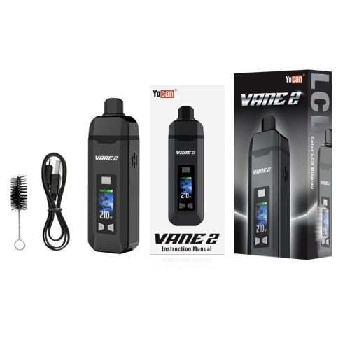 Yocan Vane 2 Vaporizer mit seiner Verpackung mit Gerät, USB-Kabel, Reinigungsbürste und Bedienungsanleitung