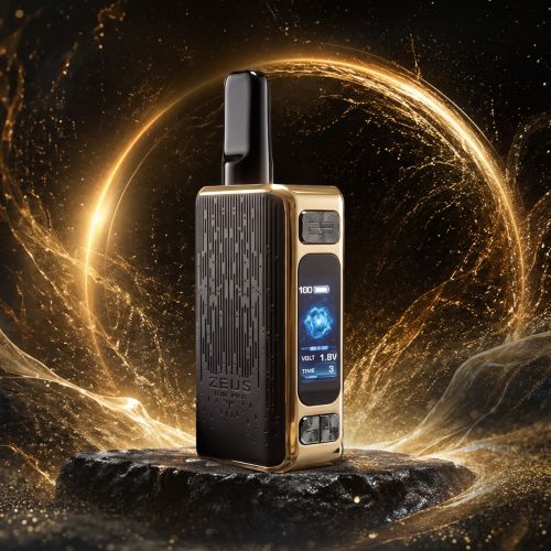 Zeus Ion Pro 510-Thread-Akku in Schwarz-Gold auf Steinen mit goldenem Lichtkreis im Hintergrund