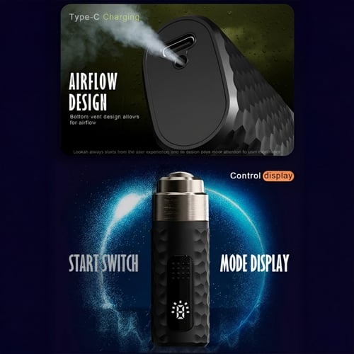 Infografik des Lookah Python Konzentratvaporizers, die Type-C-Laden, unteres Luftstrom-Design für sanfte Züge, Start-Schalter und Modus-Anzeige hervorhebt, Dab Pen mit 710-Spulen und benutzerorientiertem Design für eine gute Cannabis-Dampferlebnis