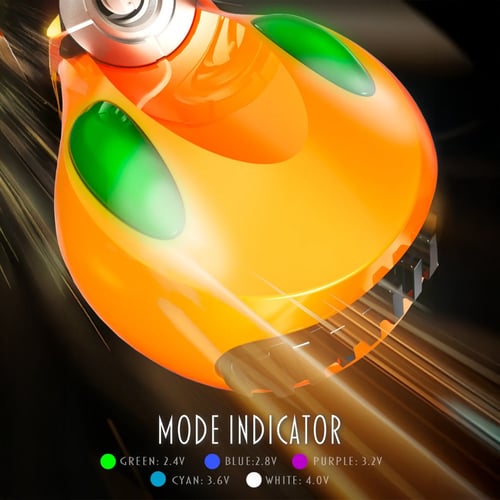 Futuristische orange Lookah FF1 510 Gewinde Batterie mit grünen Modusanzeigen, dynamischer Lichtstreifen-Hintergrund, variable Spannungseinstellungen.