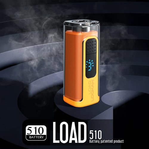 Lookah Load 510 Gewindebatterie in Orange, transparente Oberseite, die die internen Komponenten zeigt, beleuchteter blauer LED-Bildschirm, der den Ladezustand anzeigt, ergonomisches Design ideal für tragbares Cannabisdampfen.