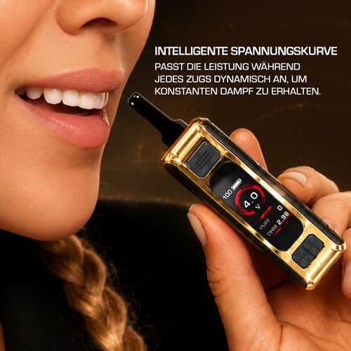 Eine Frau inhaliert mit dem Zeus Ion Pro 510-Thread-Akku, daneben eine Erklärung der Smart Voltage Curve, die die Leistung bei jedem Zug dynamisch anpasst und die Dampfentwicklung konstant hält