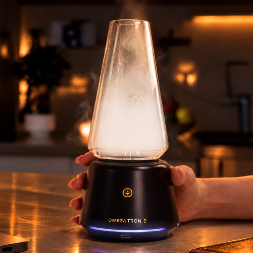 Tronian Omegatron 2 Vapor Cup mit Glasbecher voll mit weißem Dampf auf schwarzer Basis mit blauem LED-Ring.