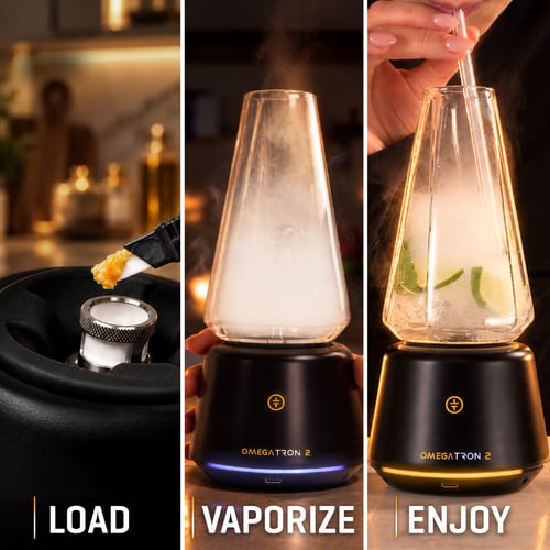 So nutzt du die Omegatron 2 Vapor Cup: Wax in die Kammer füllen, in den Glasbecher mit Zitrusfrüchten verdampfen und durch einen Glasstrohhalm genießen.