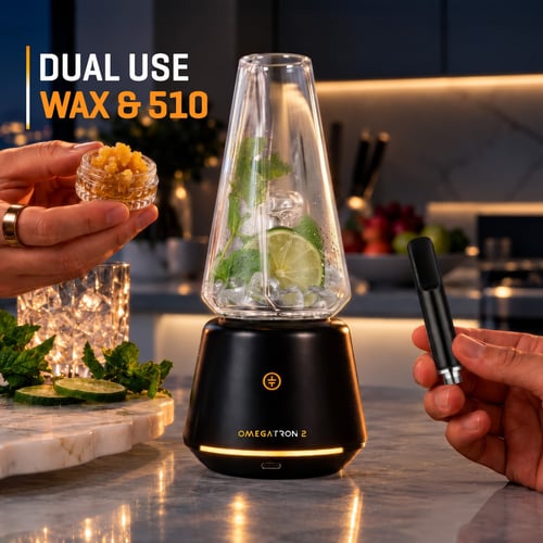 Tronian Omegatron 2 Dual-Use-Vaporizer für Wax und 510er-Kartuschen, mit Kartusche und einem mit Minze und Limette garnierten Becher.