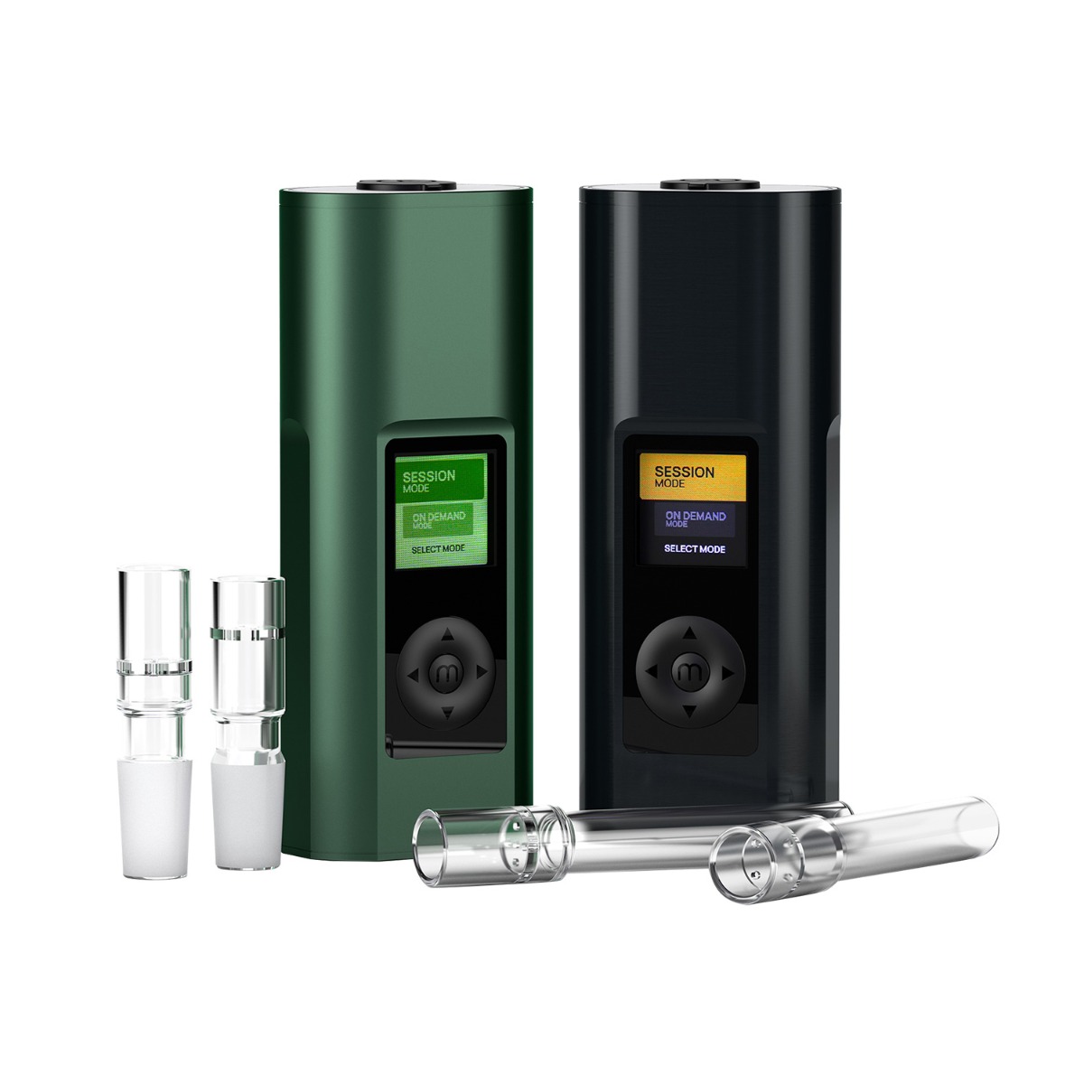 Arizer Solo 3 Vaporizer (V2) – Intergalactic und Sea of Green Farbvarianten, abgebildet mit Glasröhrchen