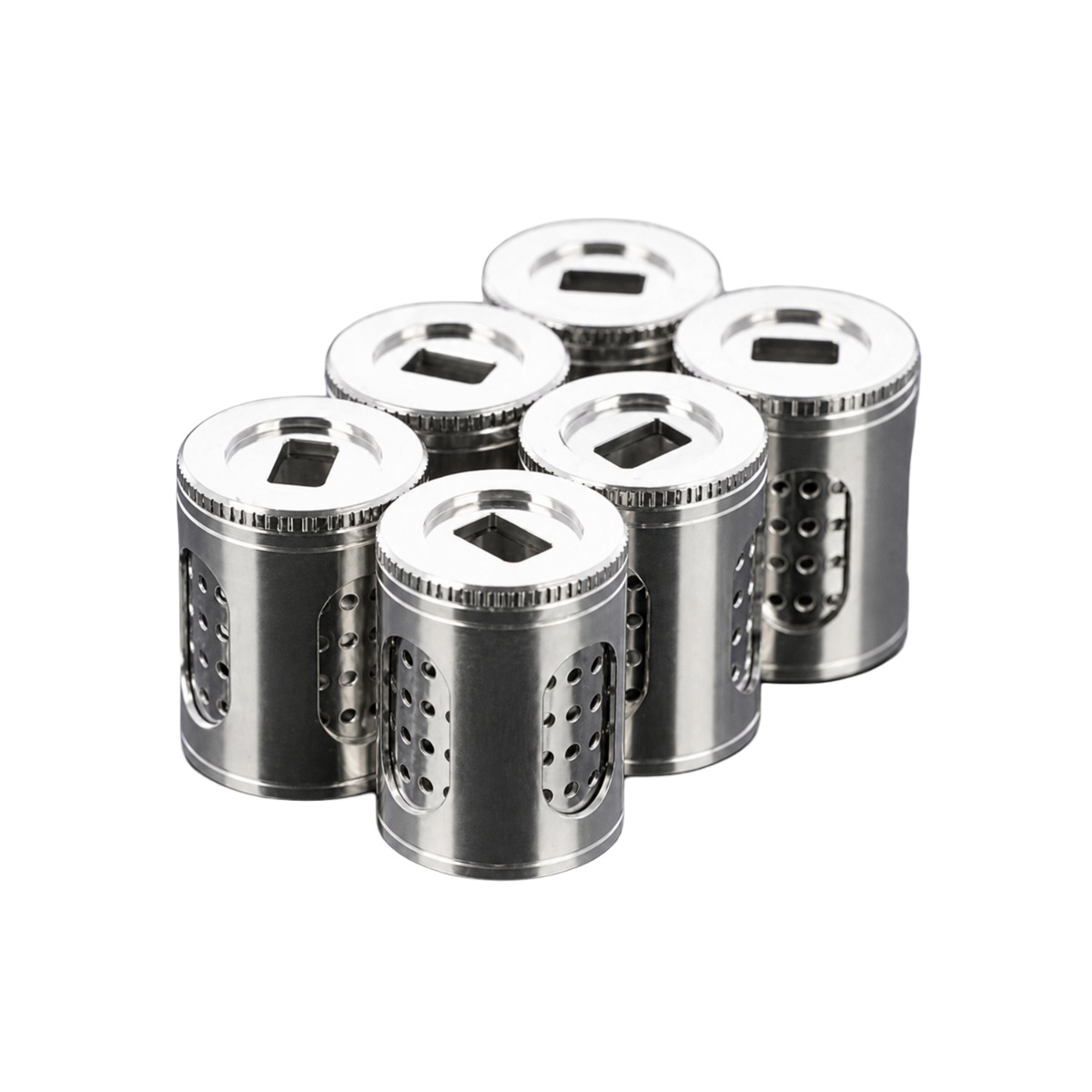Sechs DaVinci IQ Series Dosierkapseln aus Edelstahl mit geriffelten Schraubdeckeln und perforierten Körpern