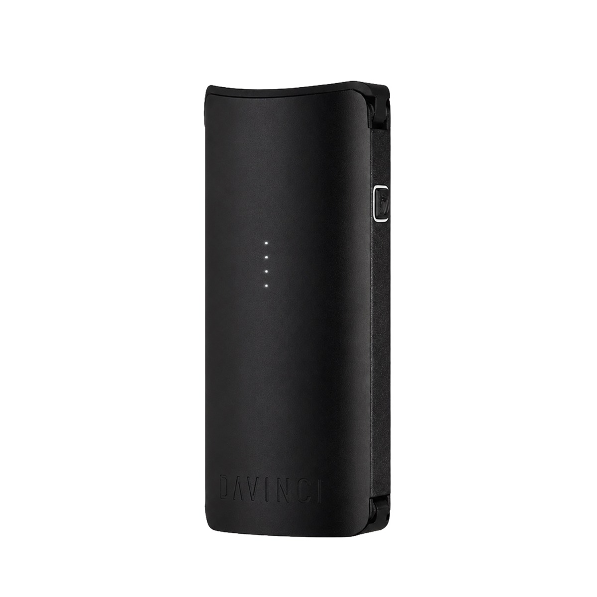 Tragbarer DaVinci MIQRO-C Vaporizer in Schwarz, Vorderansicht mit den vier Leuchtanzeigen und dem geprägten DaVinci-Logo
