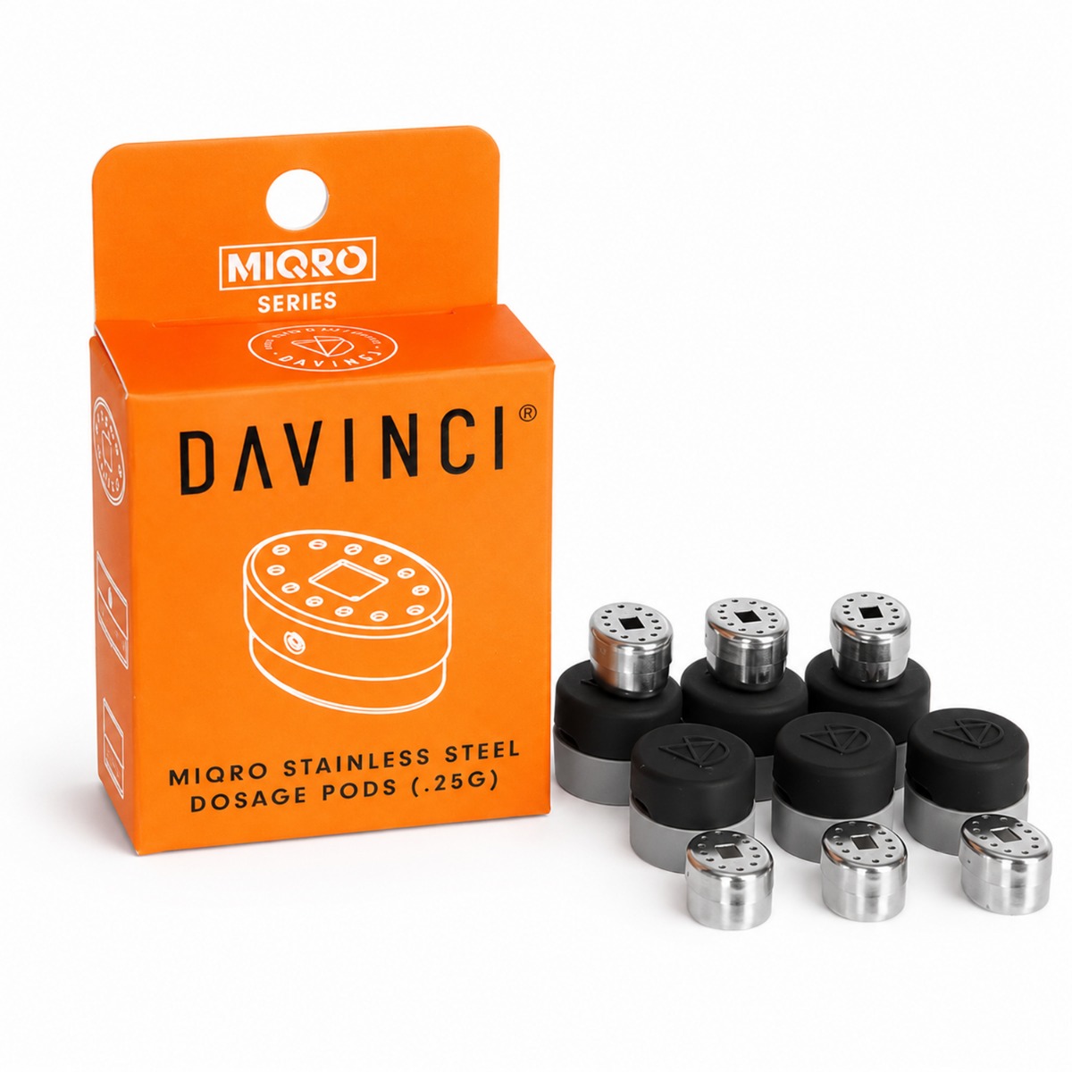 DaVinci MIQRO Dosing Capsules 6er-Pack mit Edelstahlkapseln und Silikonhüllen neben der Verpackung