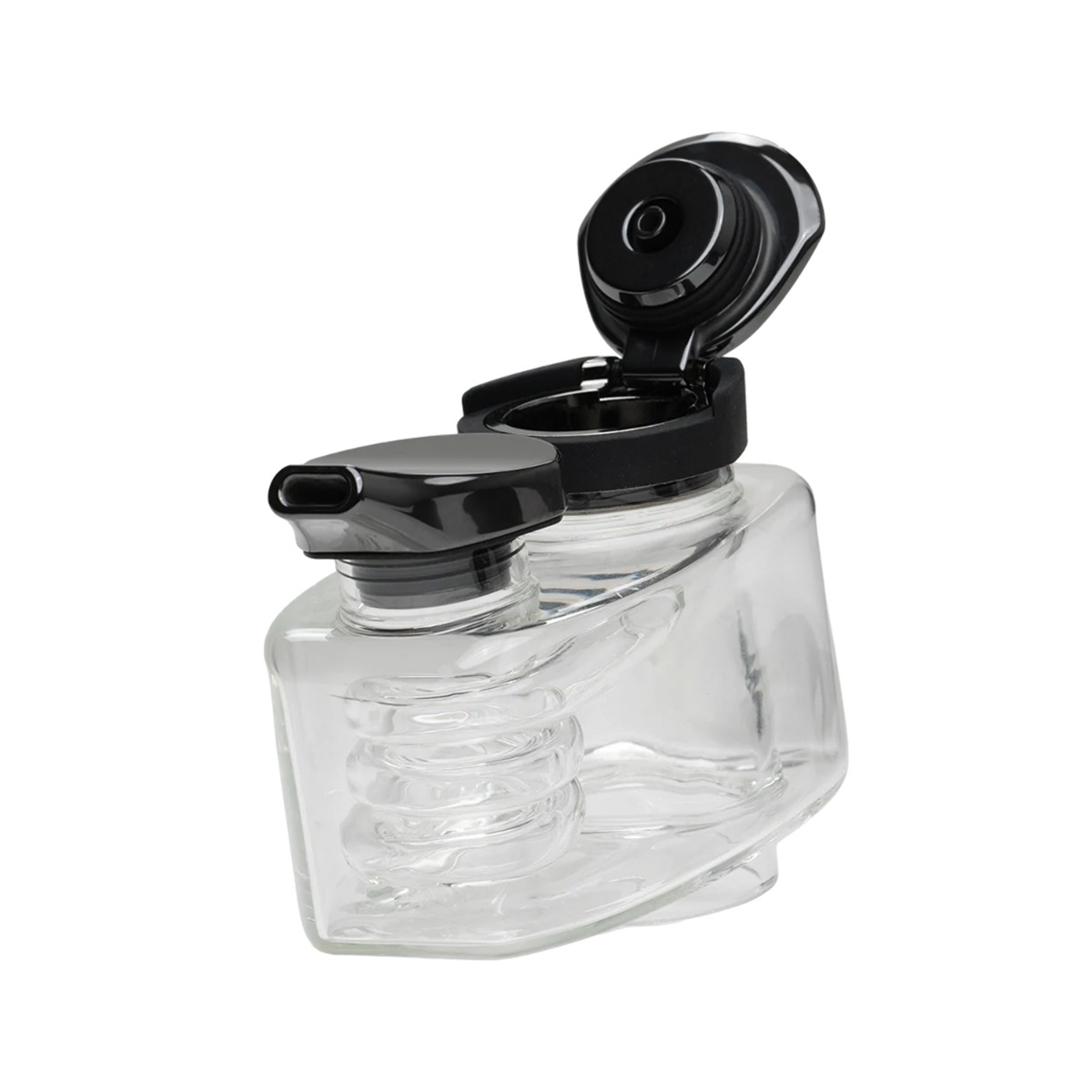 Seitenansicht des DaVinci EQ Jacuzzi Bubblers, einer transparenten Wasserkammer aus Borosilikatglas mit aufgeklapptem schwarzem Carb Cap.