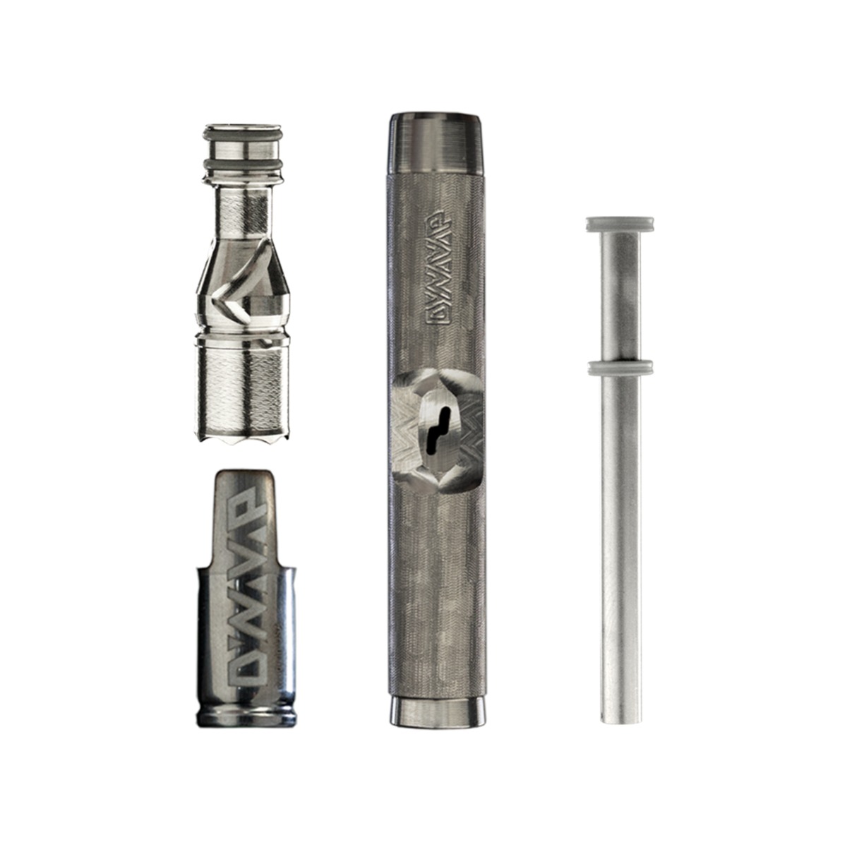 Nahaufnahme der stahlfarbenen DynaVap M7 Titan-Spitze für Kräuter-Vaporizer