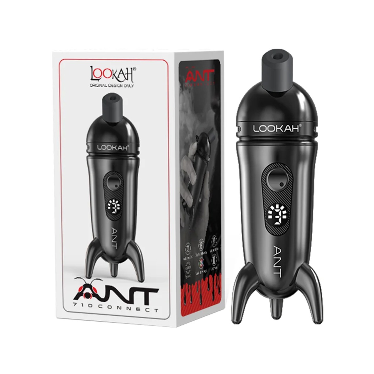 Schwarzer Vaporizer Lookah Ant Dab Pen mit seinem einzigartigen ameisenähnlichen Design und drei Beinen, abgebildet neben seiner Verpackung.