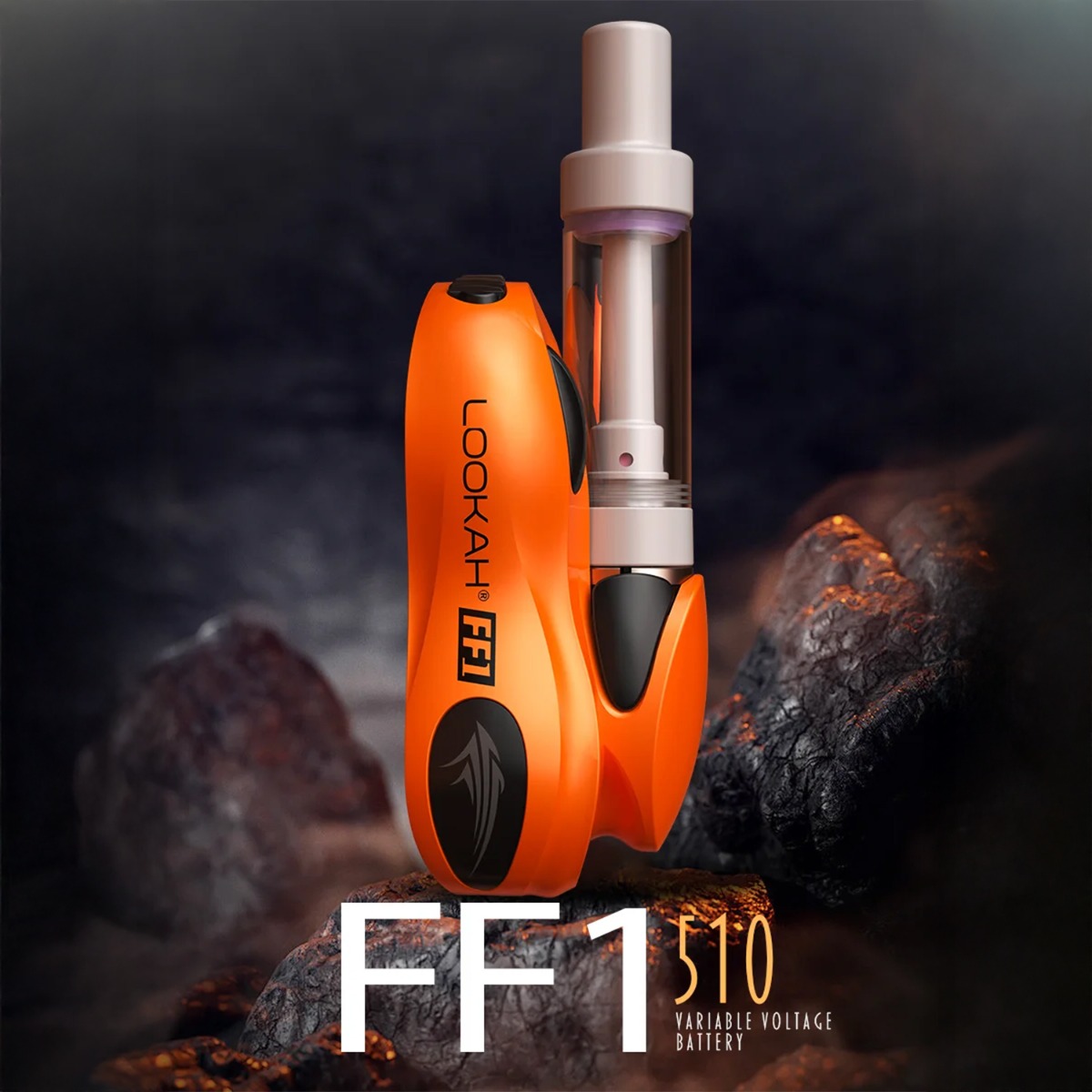Leuchtend orange Lookah FF1 510 Gewinde Vape-Batterie mit klarer Kartusche auf dunklem vulkanischem Hintergrund, Marken- und Modelltext.