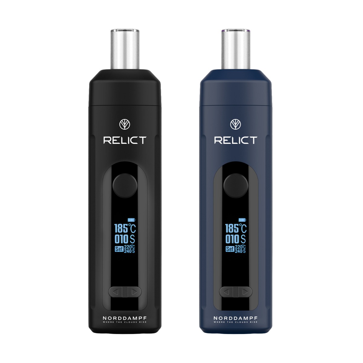 Norddampf Relict Vaporizer in den Farben Schwarz und Nordic Blue mit digitalem Display für die Temperaturanzeige und Akkustand