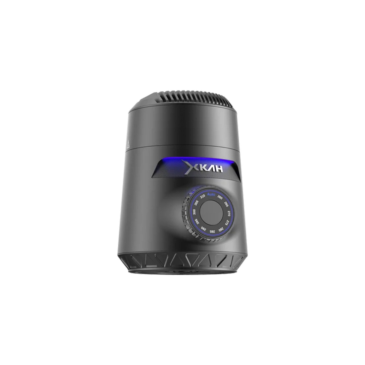 XKAH Lite Graphite – kohlefreie E-Hookah, Frontansicht von der Seite mit blauem Lichtring und Temperaturregler