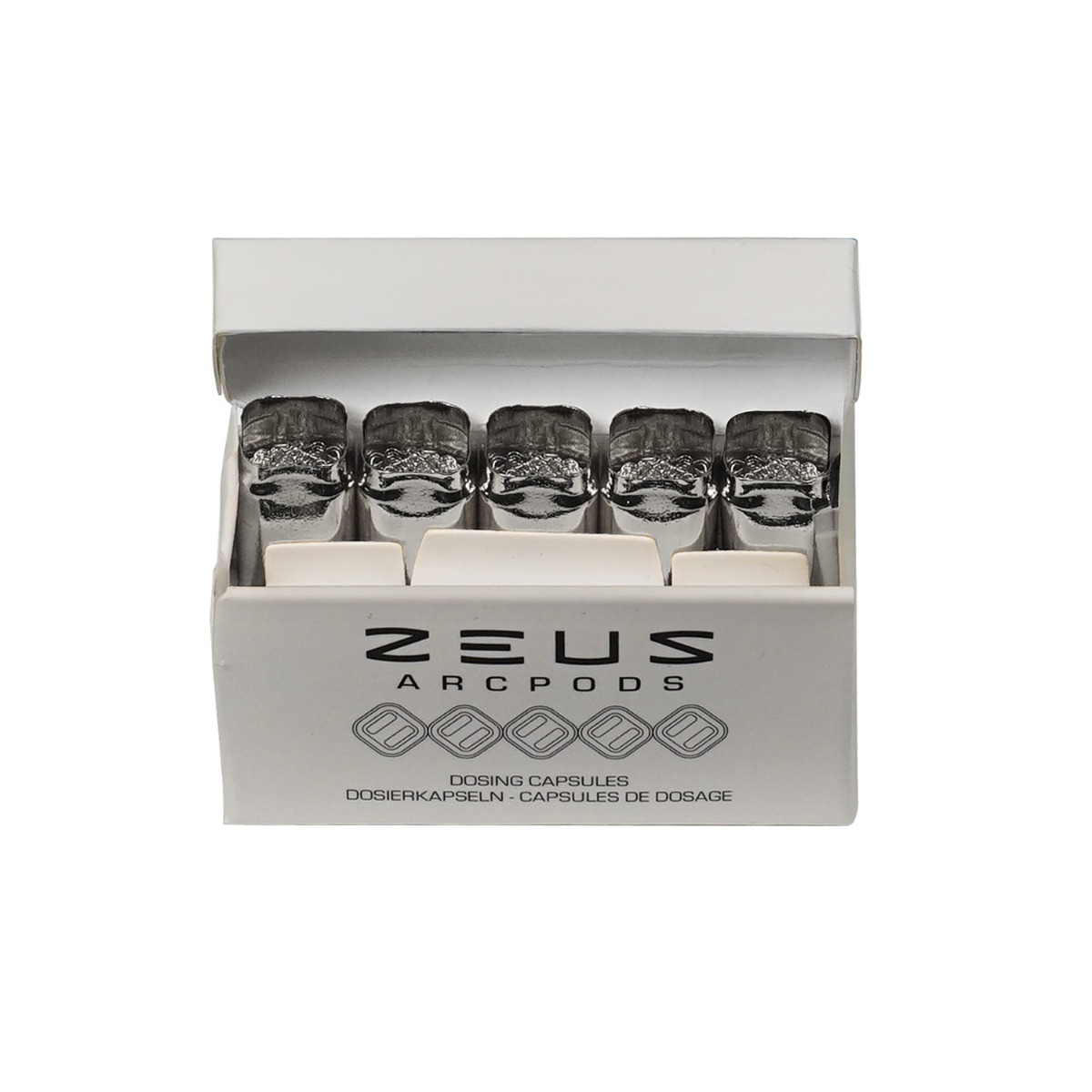 Verpackung der Zeus WaxPods, auf der mehrere silberne, zylindrische Pods in einer Reihe angeordnet sind und das Logo „Zeus Arcpods“ auf der Vorderseite zu sehen ist.