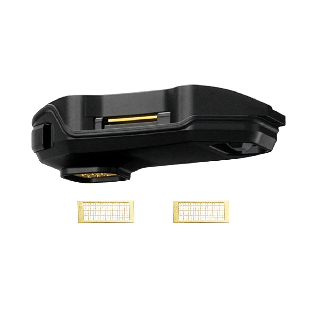 Zeus Arc GT4 schwarzes Mundstück mit goldenen Kontaktpunkten und zwei GT Heat Sink-Sieben inklusive.