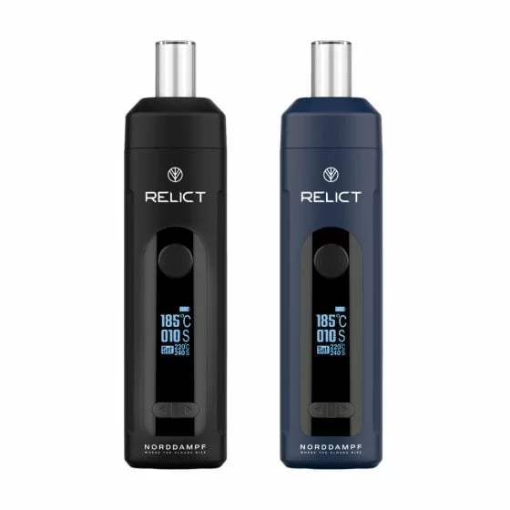 Norddampf Relict Vaporizer in den Farben Schwarz und Nordic Blue mit digitalem Display für die Temperaturanzeige und Akkustand