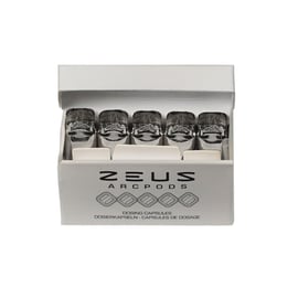 Verpackung der Zeus WaxPods, auf der mehrere silberne, zylindrische Pods in einer Reihe angeordnet sind und das Logo „Zeus Arcpods“ auf der Vorderseite zu sehen ist.