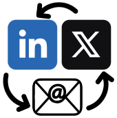 Grafik mit LinkedIn-, X- und E-Mail-Symbolen und Text „280 000 Abonnenten“ – Gesamtzahl aller Social- und E-Mail-Follower