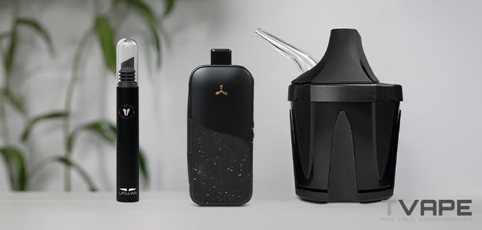 Der AirVape Legacy Pro 2 Vaporizer wird mit dem Zeus Iceborn Dampf-Kühlzubehör und dem Utillian Hot Wax Axe für einfaches Einfüllen von Konzentraten im Wax-Modus gezeigt.